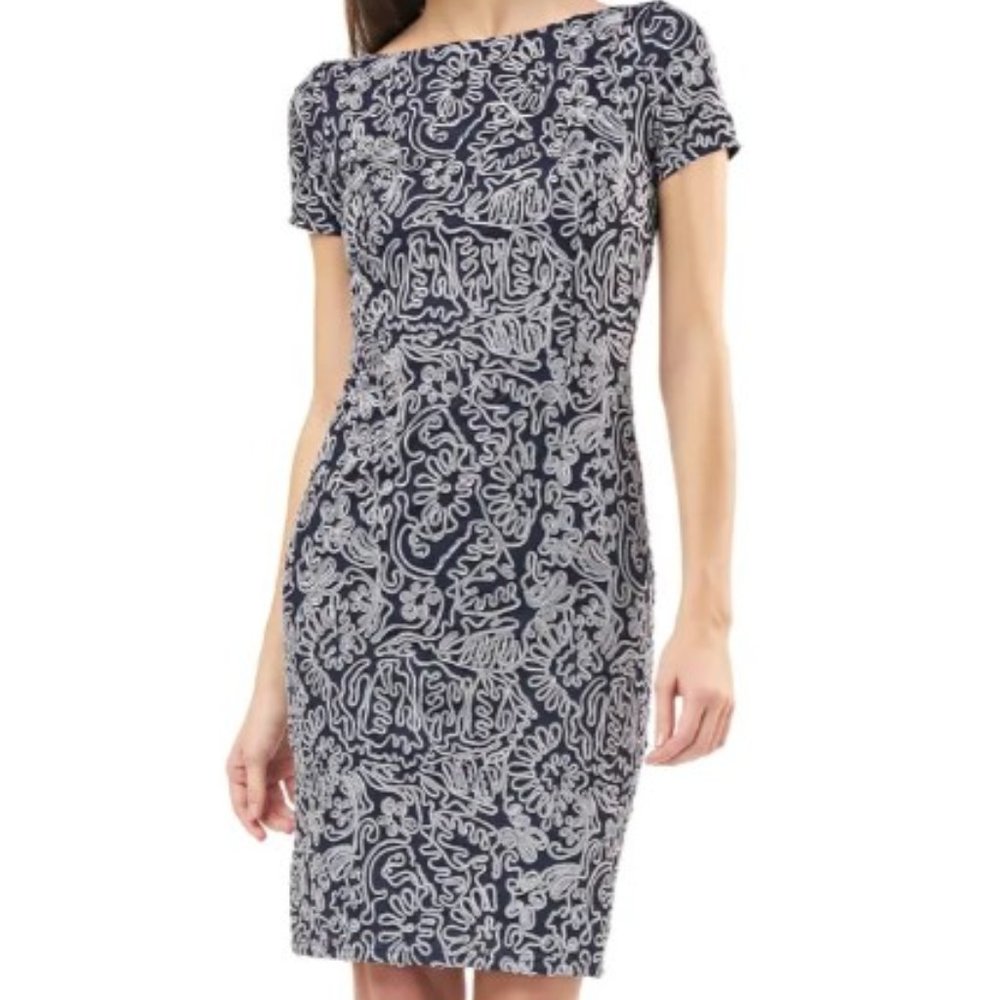 Js Collection Silver Embroidered Short Sleeve Boat Neck Sheath Cocktail Dress